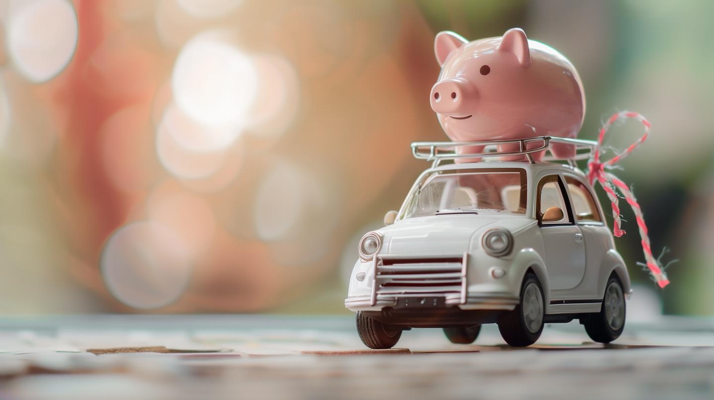 A toy car with an oversized piggy bank tied to the roof, symbolizing finance/payments related to the auto sector